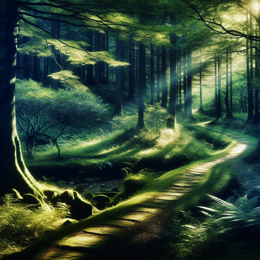 A serene, lush forest scene with a winding path leading deeper into the woods. Sunlight filters through the trees, creating a dappled effect on the path, suggesting tranquility and a connection to nature.
