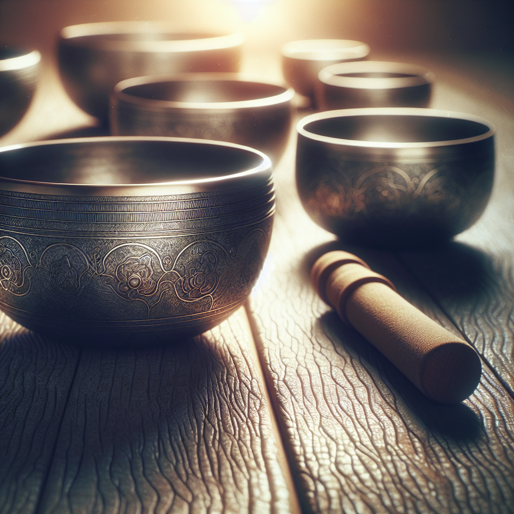 A close-up of Tibetan singing bowls placed on a wooden surface. The bowls are lit gently from above, with a serene background and possibly a tuning stick lying next to the bowls. The setting evokes a sense of calm and healing through sound.