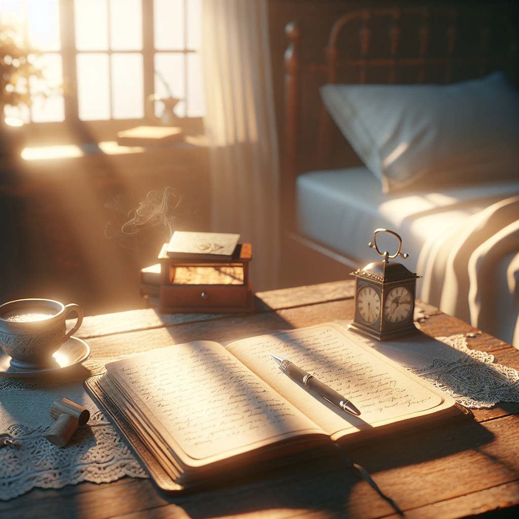 A peaceful bedroom setting with a dream journal and a cup of tea