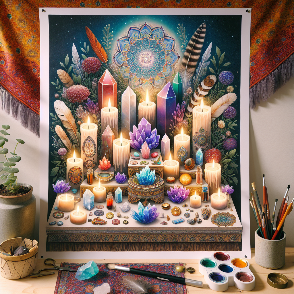 A beautifully arranged altar space with crystals and other symbolic items