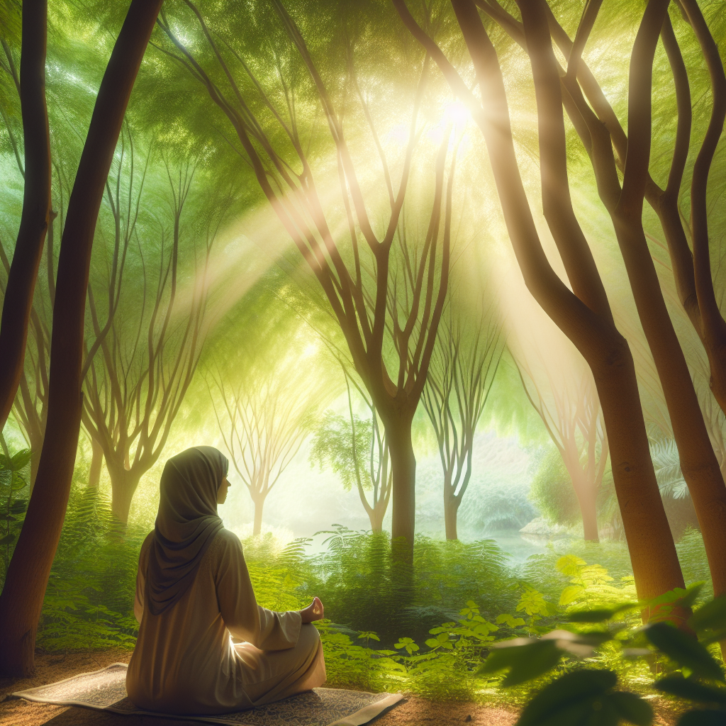 A serene image of a person meditating in a peaceful natural setting, with soft sunlight filtering through trees, symbolizing inner peace and tranquility.
