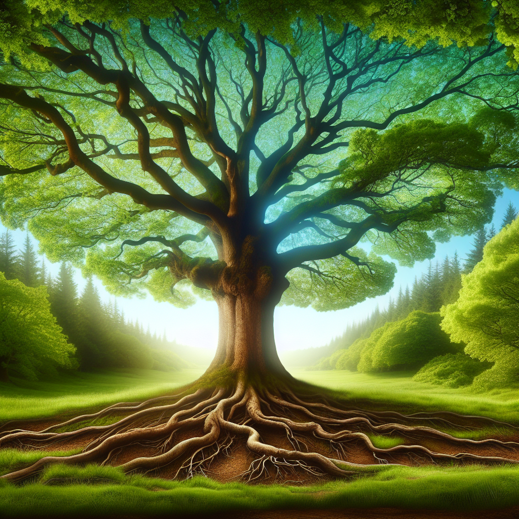 A serene image of an ancient oak tree in a verdant forest, showcasing its expansive branches and deep roots, symbolizing slow and steady growth over time.