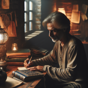 A close-up photo of a person sitting at a cozy desk, writing in a beautifully decorated journal. The scene is illuminated by warm, ambient lighting, and there is a serene expression on the person's face, signifying clarity and focus.