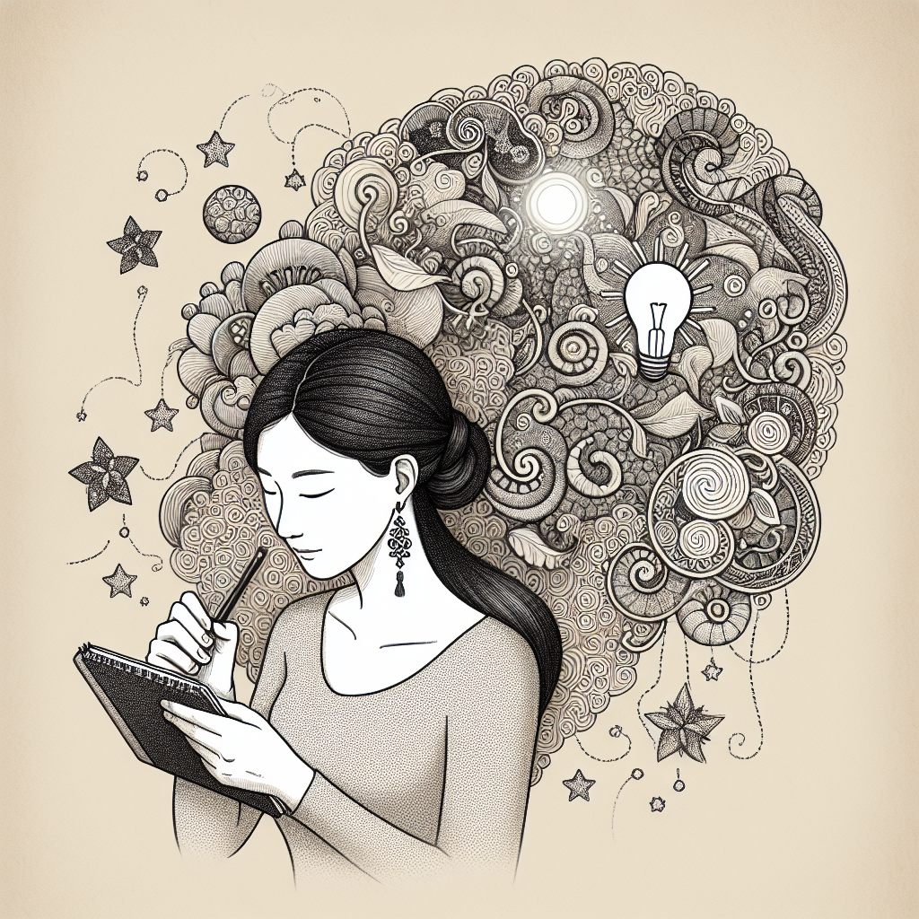 A hand-drawn illustration of a person doodling on a notepad, surrounded by whimsical and imaginative doodles such as stars, swirls, and lightbulbs representing creative ideas.
