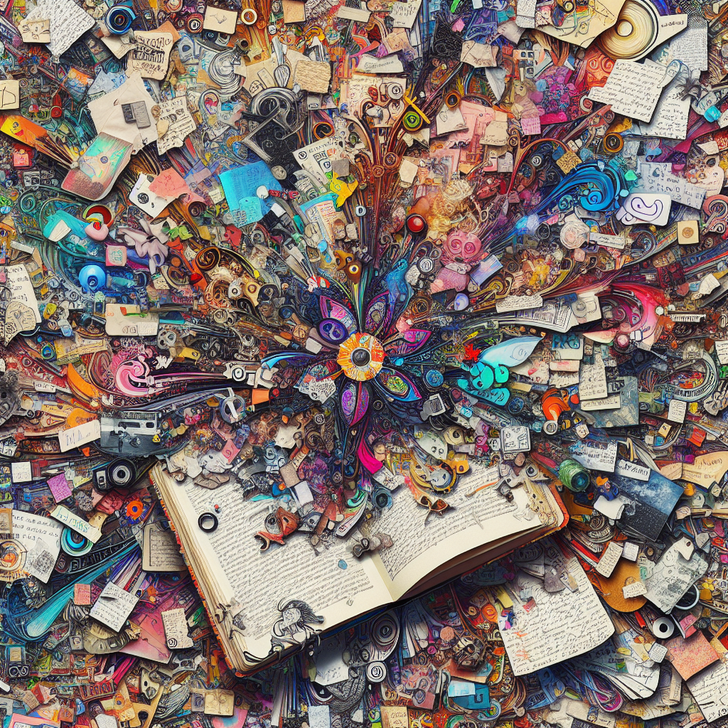 A colorful, messy spread of an open junk journal