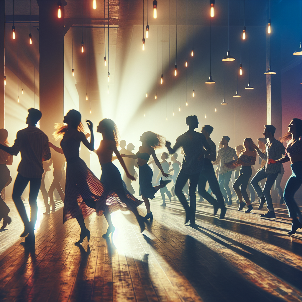 People dancing freely in a spacious, dimly-lit room