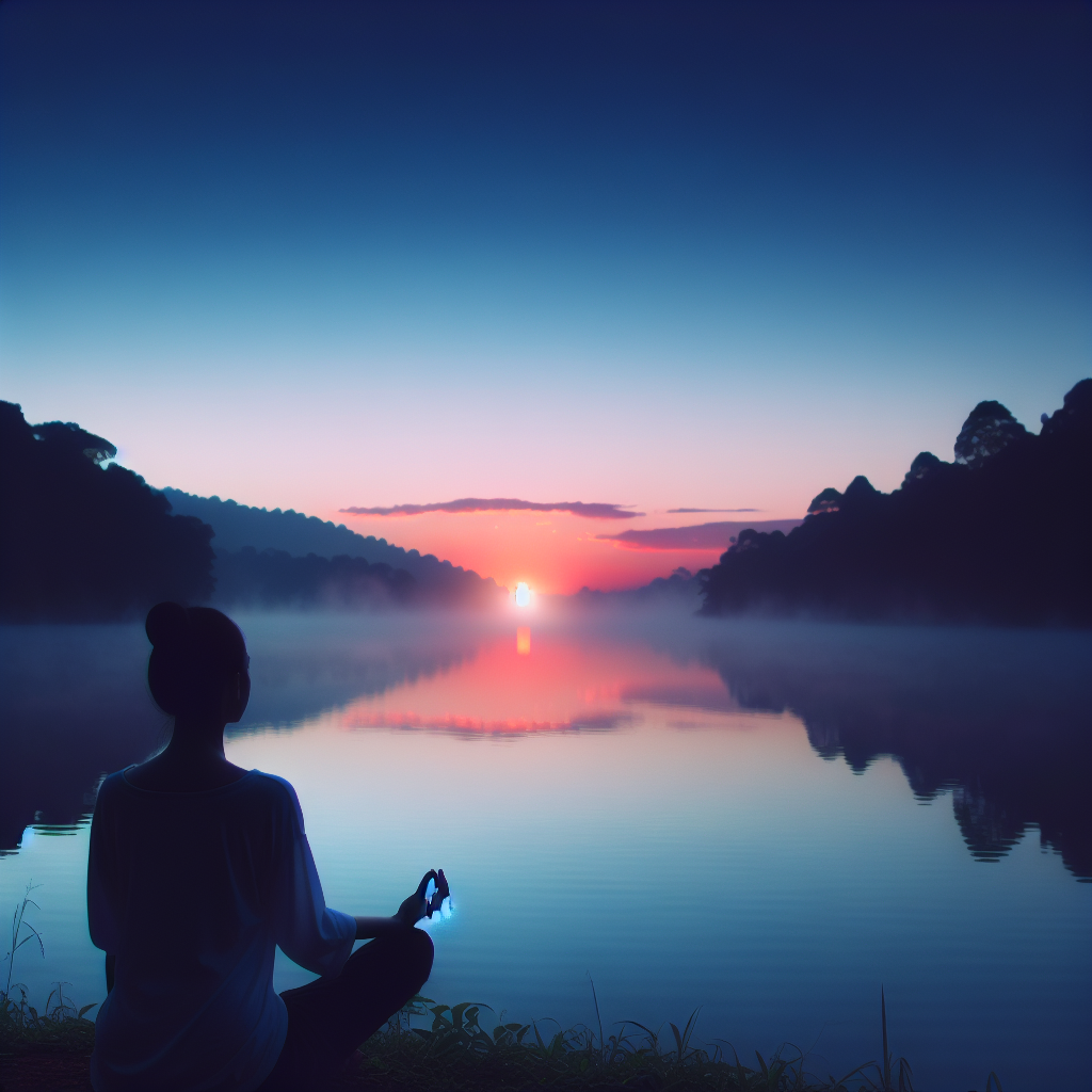 A peaceful scene of a person meditating by a serene lake at sunrise, with gentle mist rising from the water, symbolizing tranquility and a fresh start to the day.