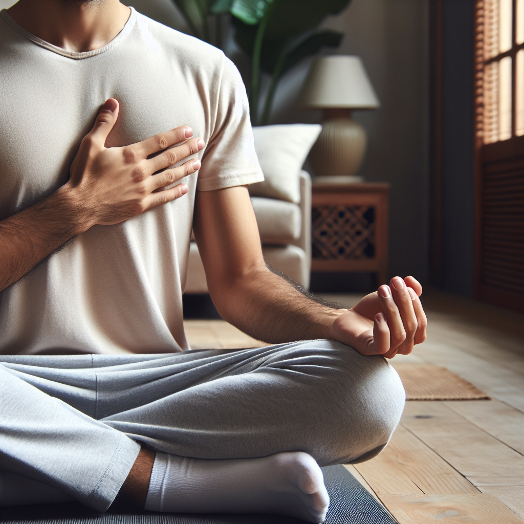A close-up of a person sitting cross-legged on a yoga mat indoors, with one hand on their chest and the other on their abdomen, taking a deep, mindful breath.