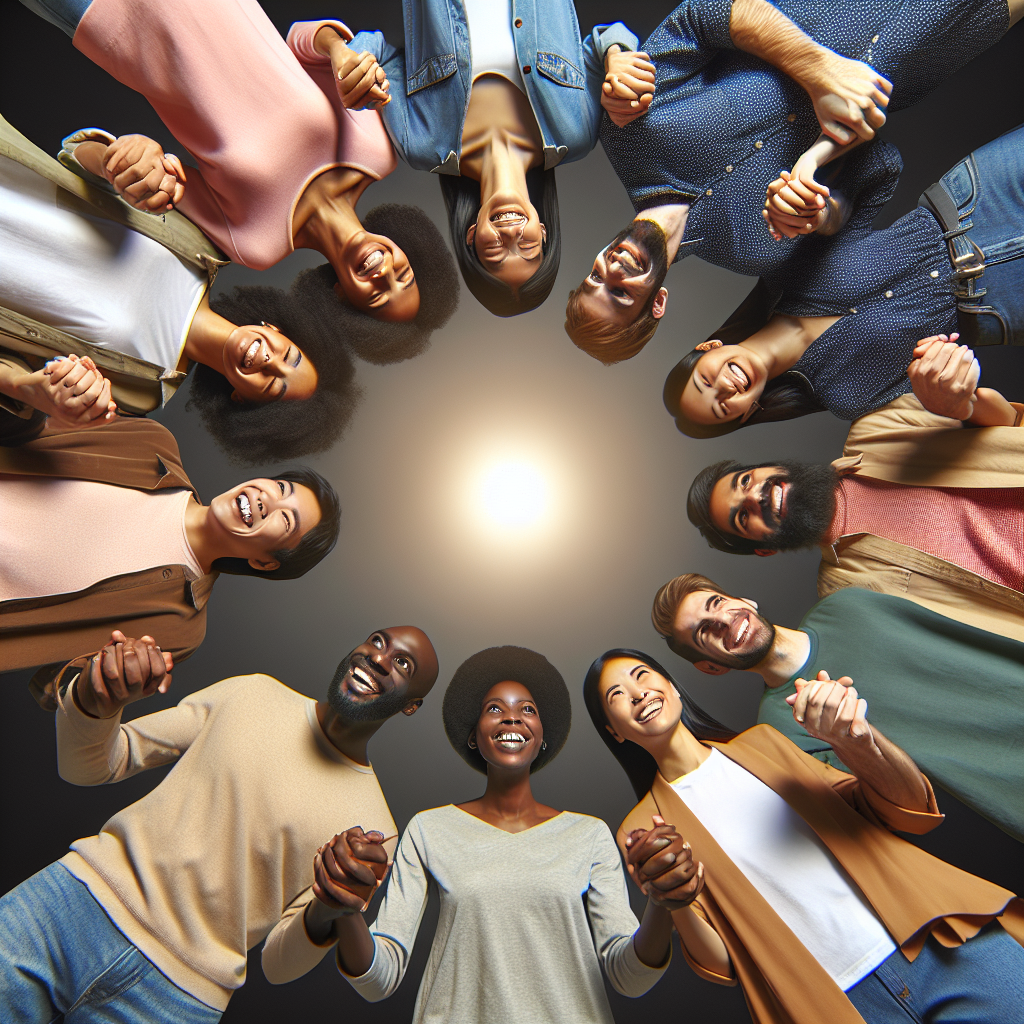 Diverse group of people holding hands, smiling