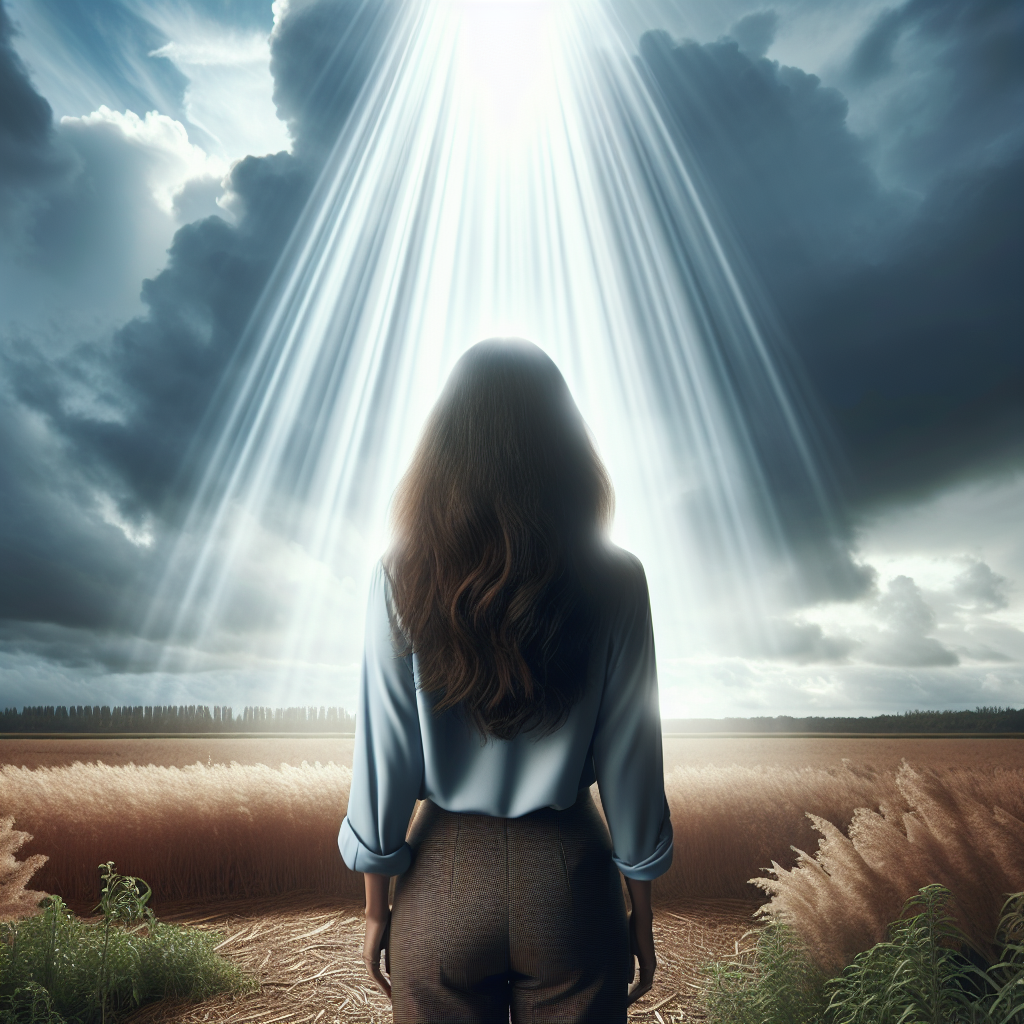 Person standing in an open field, illuminated by beams of light