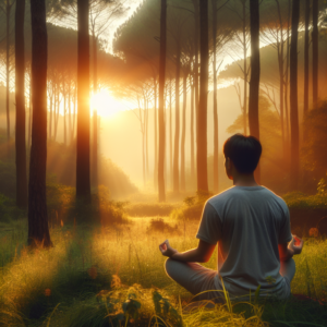 A serene image of a person meditating in a lotus position at sunrise, with soft light filtering through the trees. The peaceful ambiance reflects the inner calm associated with Vedic meditation practices.