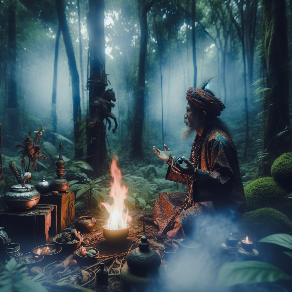 Shaman performing a ritual in a forest