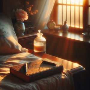 A peaceful bedroom scene at sunrise with a vintage journal and a pen on a bedside table, evoking a sense of gratitude and morning reflection.