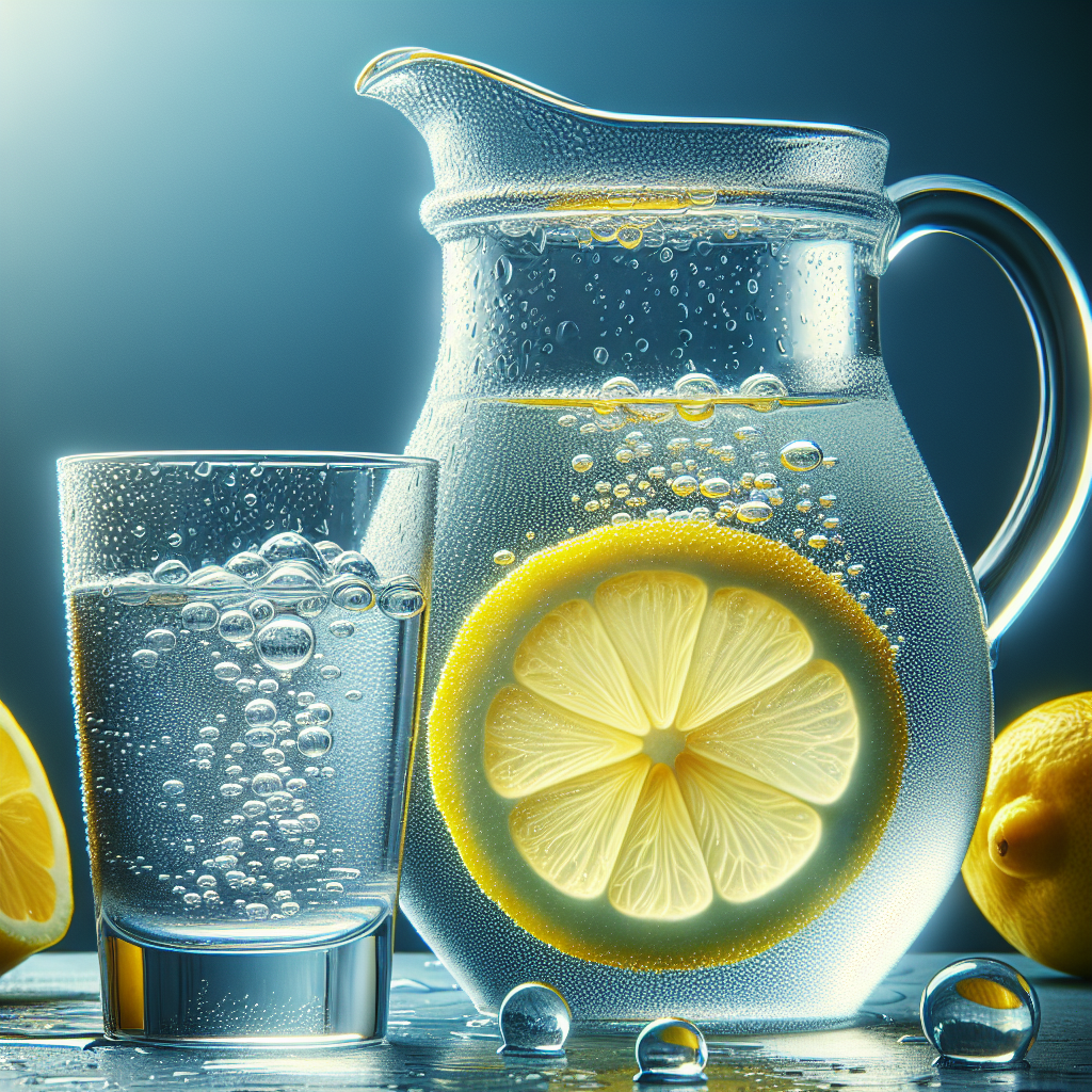 A close-up of a glass pitcher filled with crystal-clear water and a sliced lemon, placed next to a glass half-filled with water, symbolizing hydration and freshness.