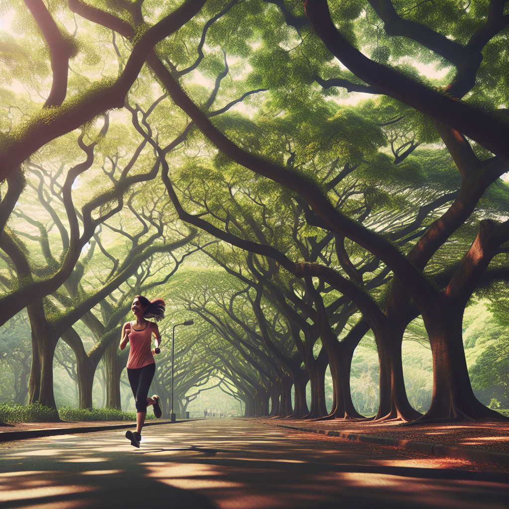 A serene park setting with a woman jogging along a tree-lined path, capturing the simplicity and joy of daily exercise in nature.