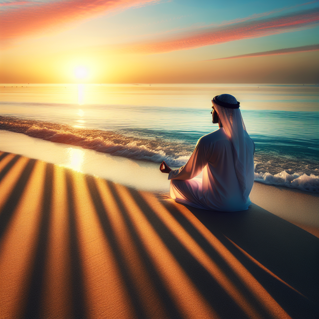 A serene setting with a person meditating on a tranquil beach during sunrise, with soft waves gently lapping at the shore.