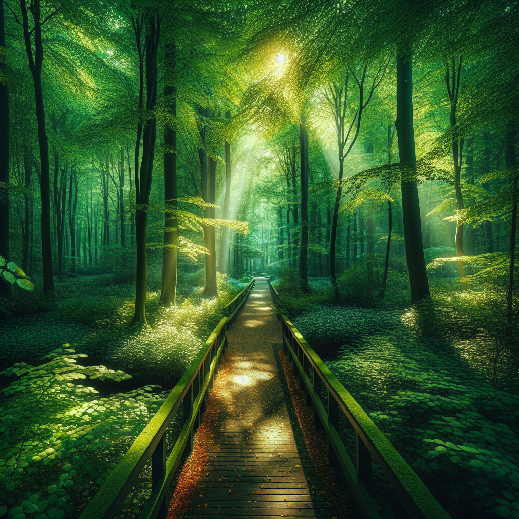 A lush forest pathway covered in greenery, with sunlight filtering through the dense canopy, creating a peaceful and inviting atmosphere.