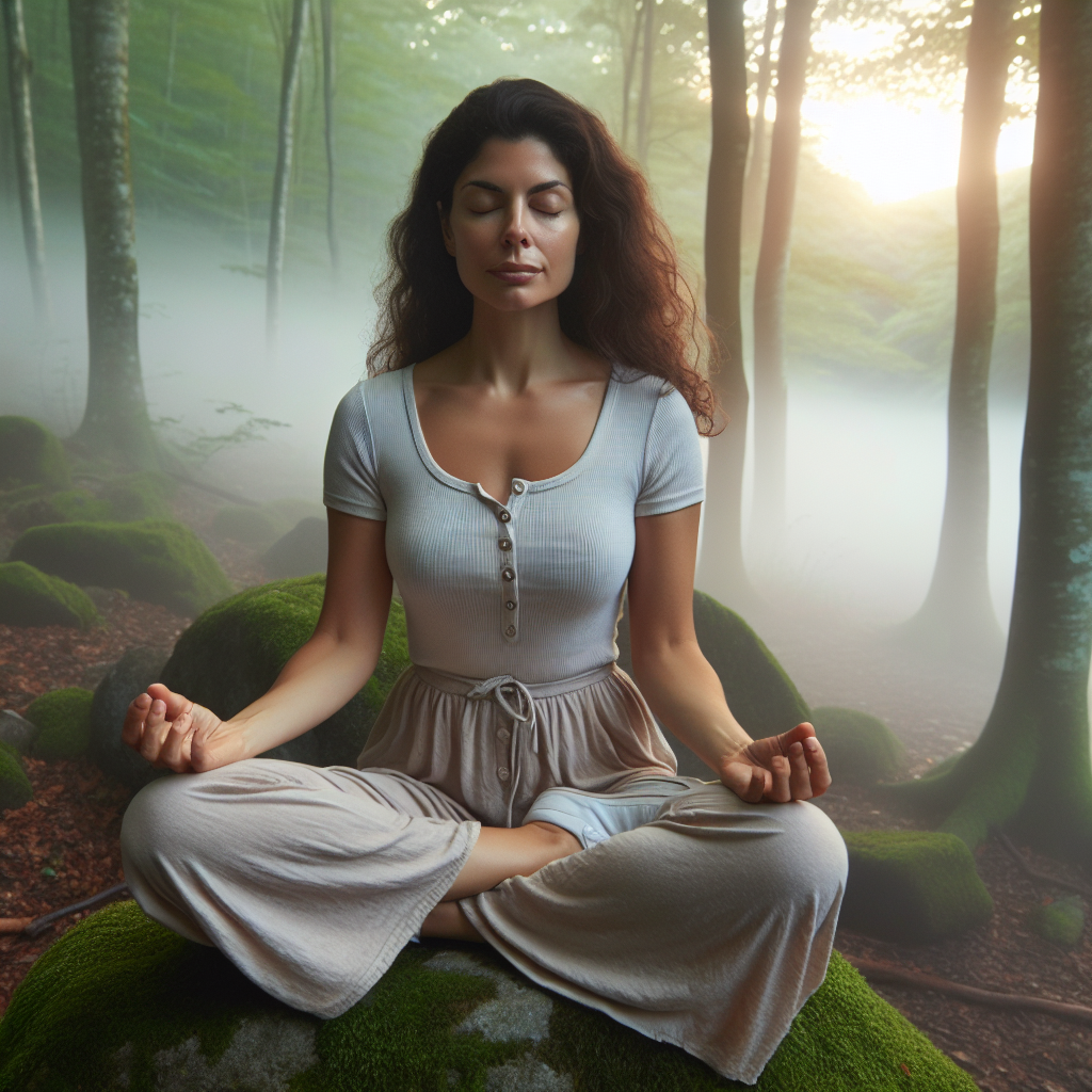 A serene forest scene at dawn with soft mist enveloping the trees. A lone person is sitting on a rock with closed eyes, meditating deeply, embodying mental clarity and peace.
