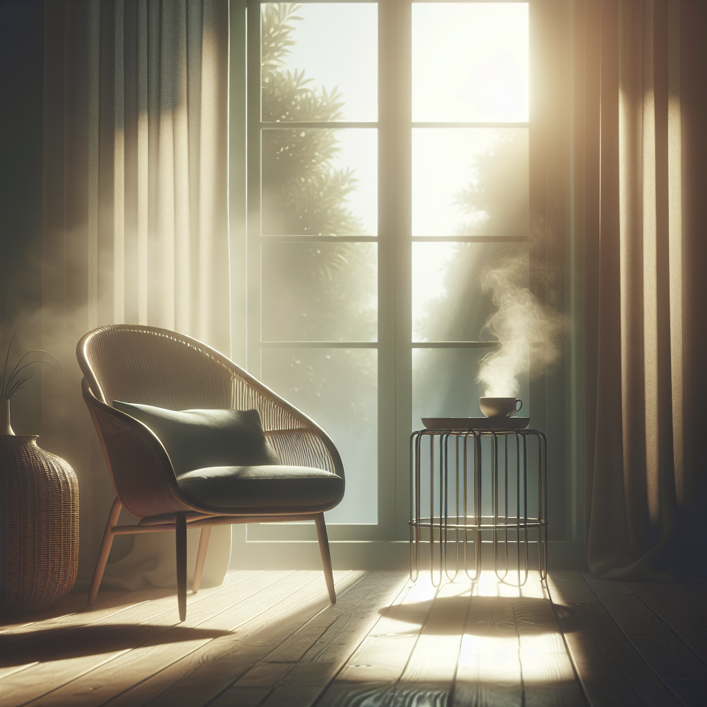 A softly lit room with a comfortable chair by the window, sunlight filtering through sheer curtains. A steaming cup of tea rests on a side table, symbolizing relaxation and calm amidst silence.