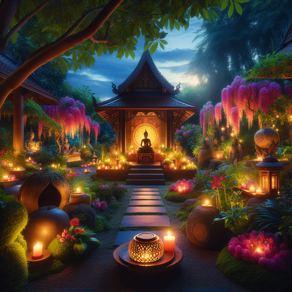 A tranquil temple garden bathed in the gentle light of the setting sun. A meditation altar adorned with candles and flowers, illustrating a space for deeper spiritual practice and silent contemplation.