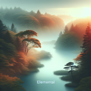 A serene landscape of a peaceful lake surrounded by trees with autumn leaves, symbolizing tranquility amidst chaos. Soft, early morning light filters through the mist, creating a calming effect.