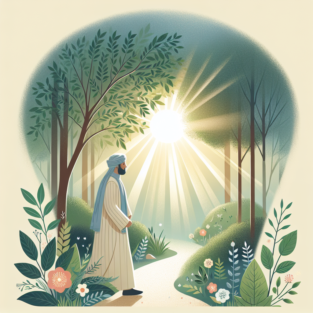 A person walking along a forest path, surrounded by lush greenery and sunlight