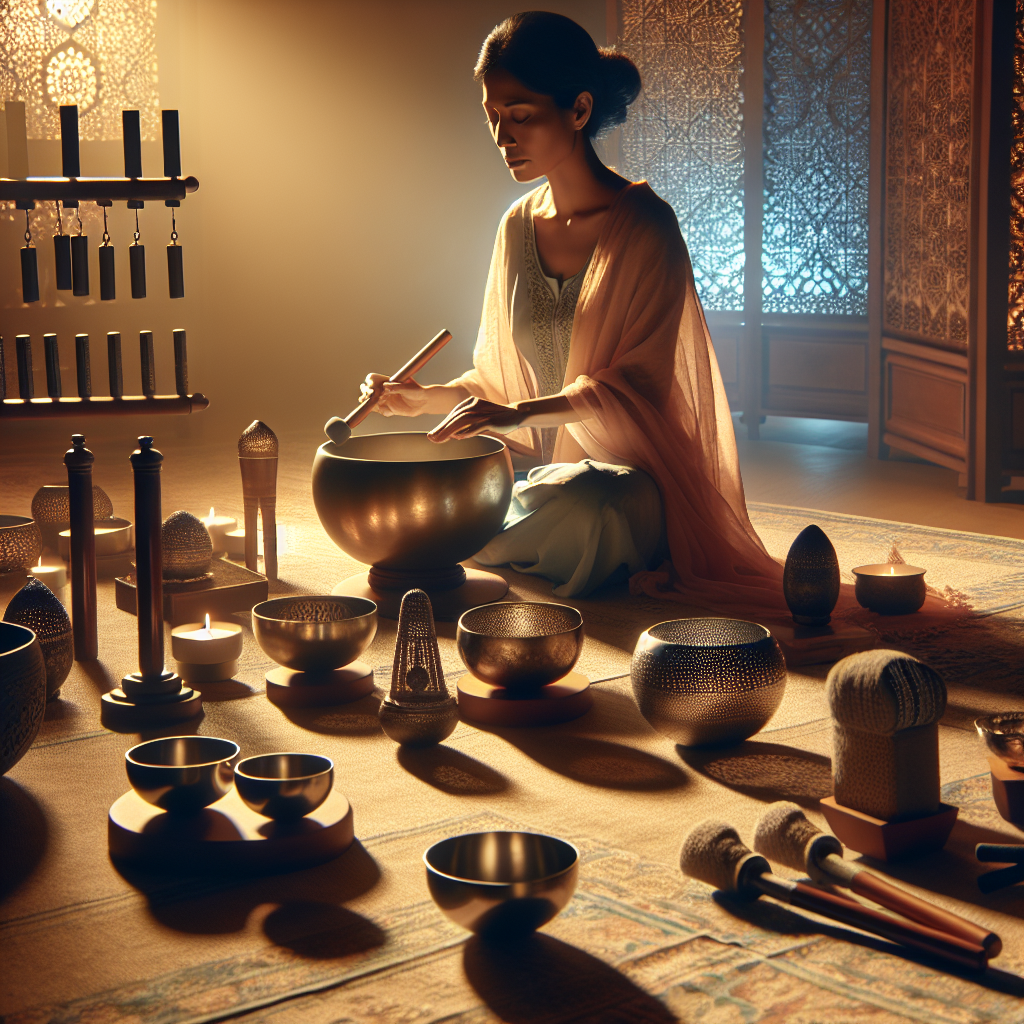 A person engaged in sound healing, surrounded by instruments such as singing bowls or tuning forks