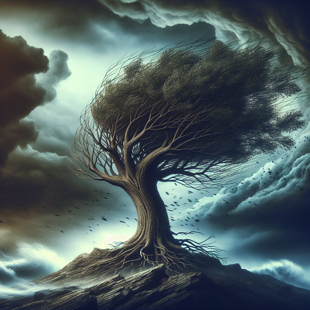 Mighty oak tree standing tall amidst a storm