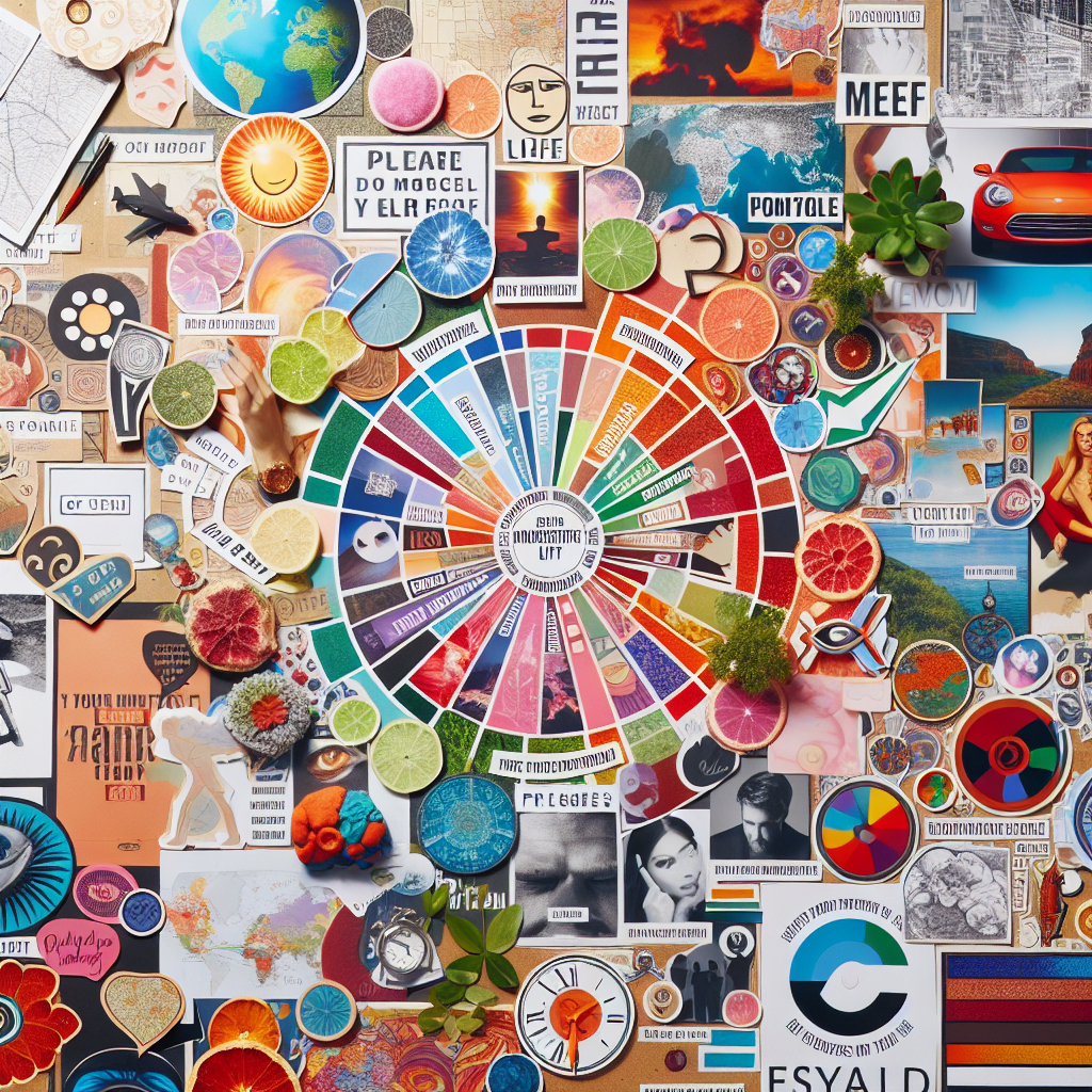 A bright, colorful vision board filled with magazine cutouts, inspirational quotes, and images representing various life goals like travel, career milestones, and personal growth.
