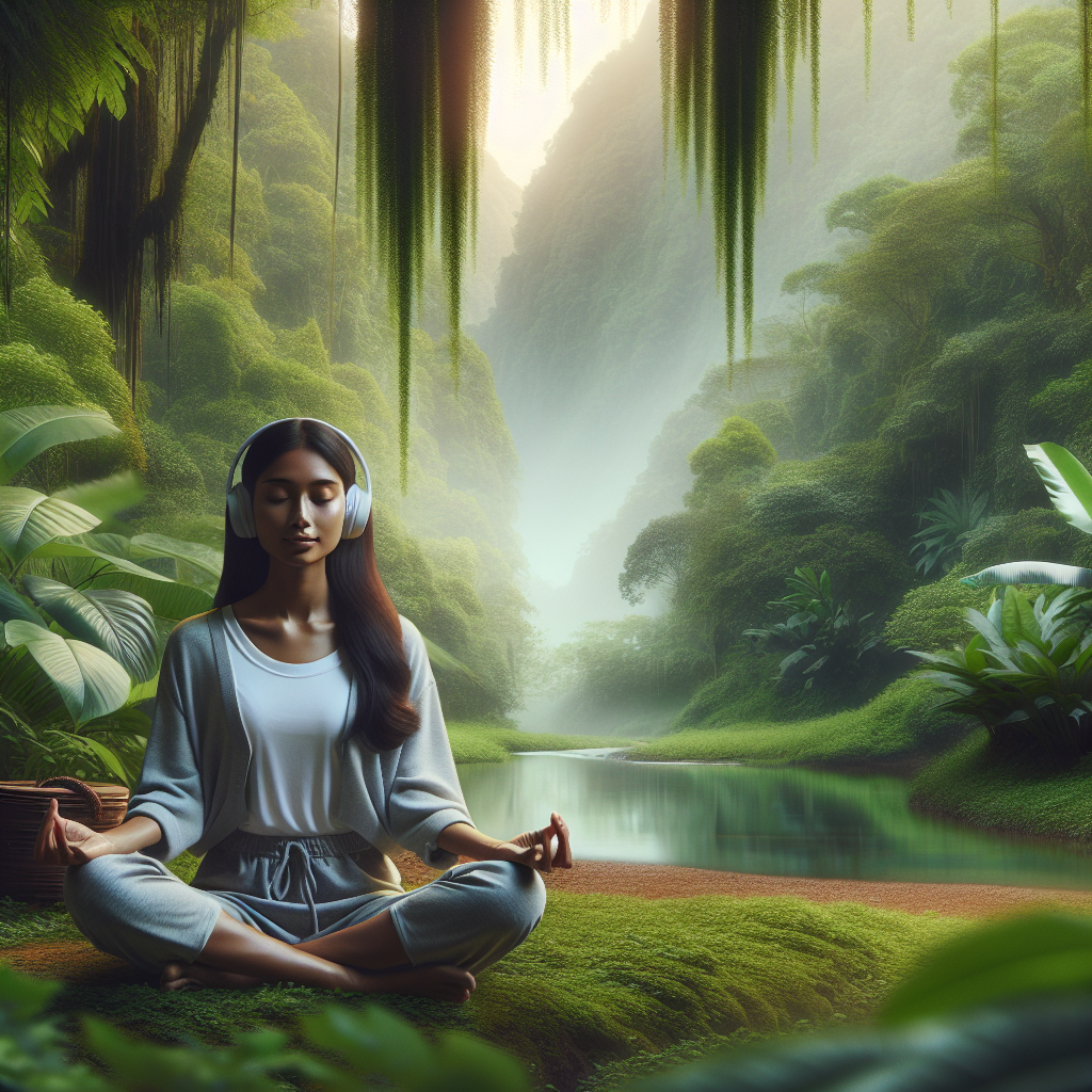 A serene image of a person sitting cross-legged with headphones on, surrounded by nature, listening to a guided meditation, with a tranquil background of lush greenery and a softly flowing river.