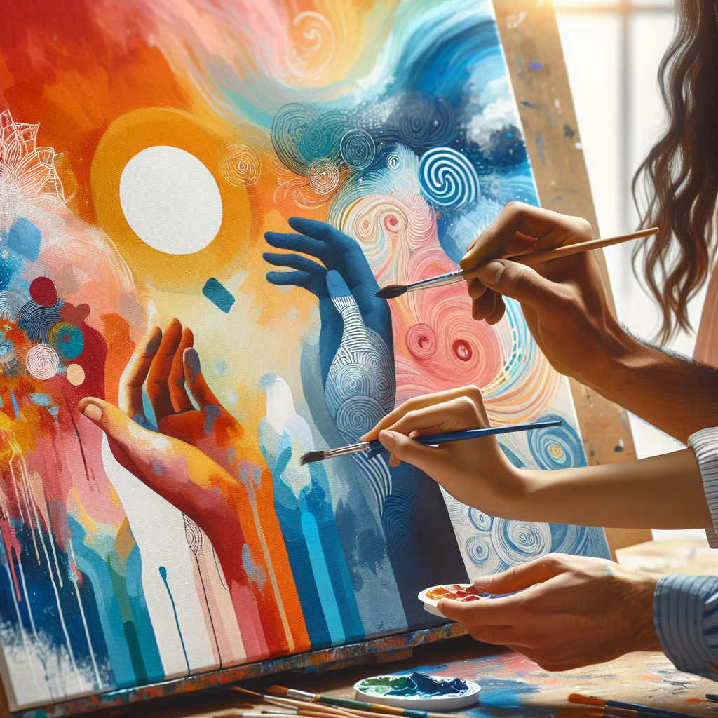 A close-up shot of hands painting a vibrant, dream-like landscape on a canvas, with bright colors and abstract shapes that evoke feelings of hope and creativity.
