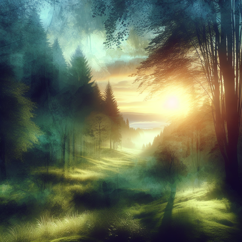 A serene landscape at dawn with soft sunlight filtering through trees, symbolizing a new beginning and the tranquility sought through daily affirmations.