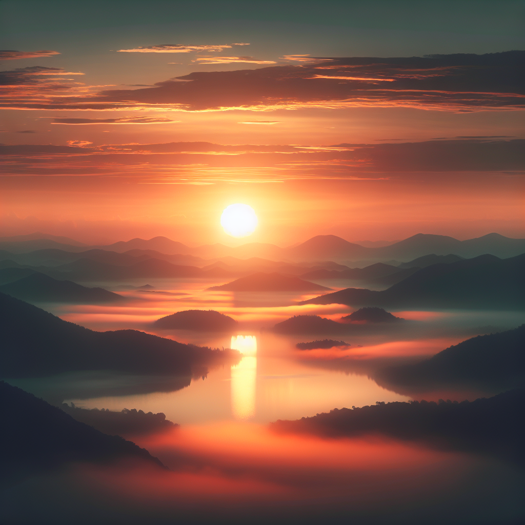 A serene sunrise over a tranquil landscape
