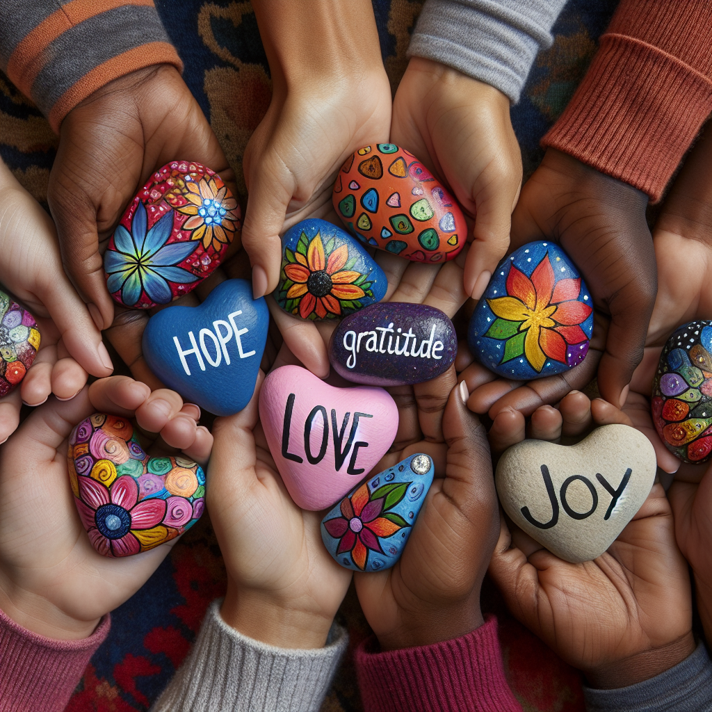 Hands holding a collection of painted gratitude stones
