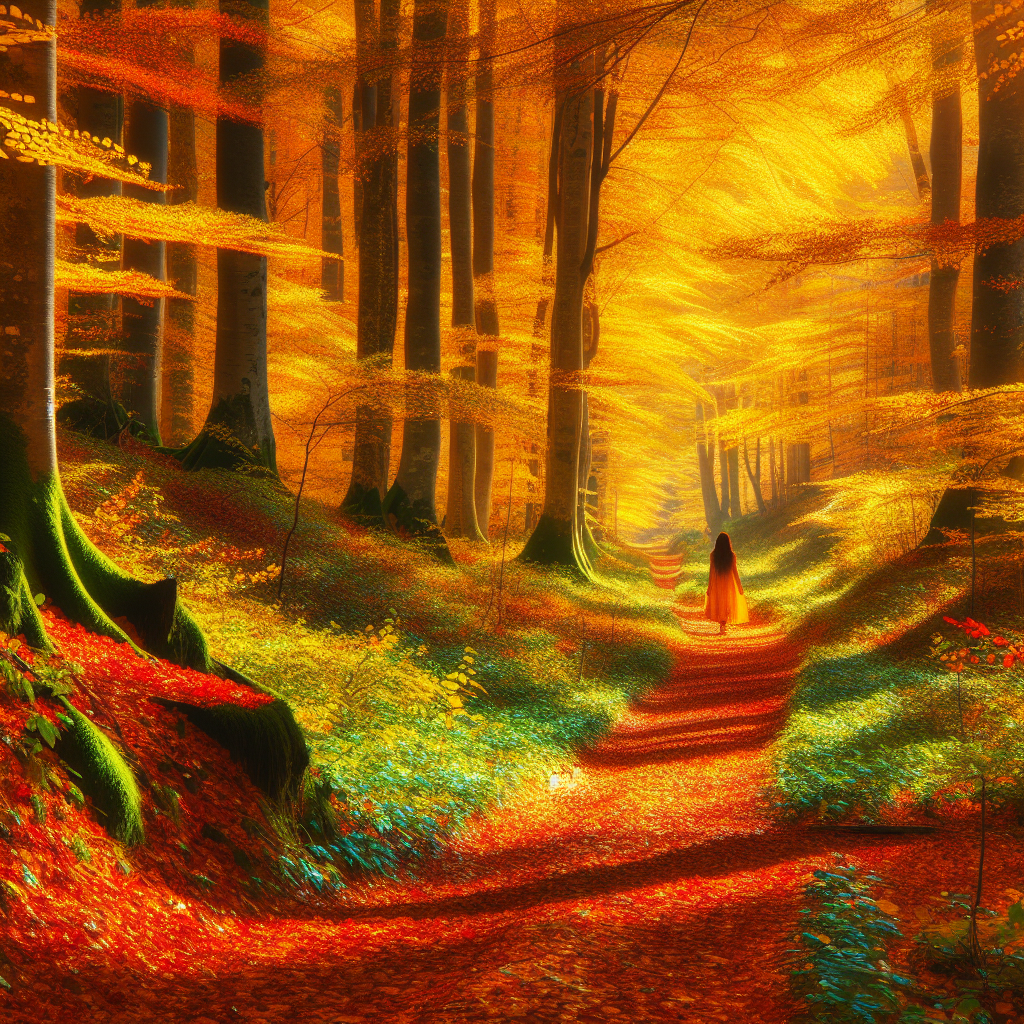 A vibrant image of a winding forest trail during autumn