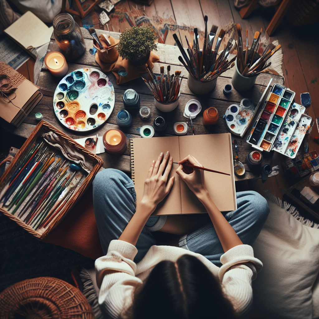 A high-angle shot of a cozy workspace filled with art supplies