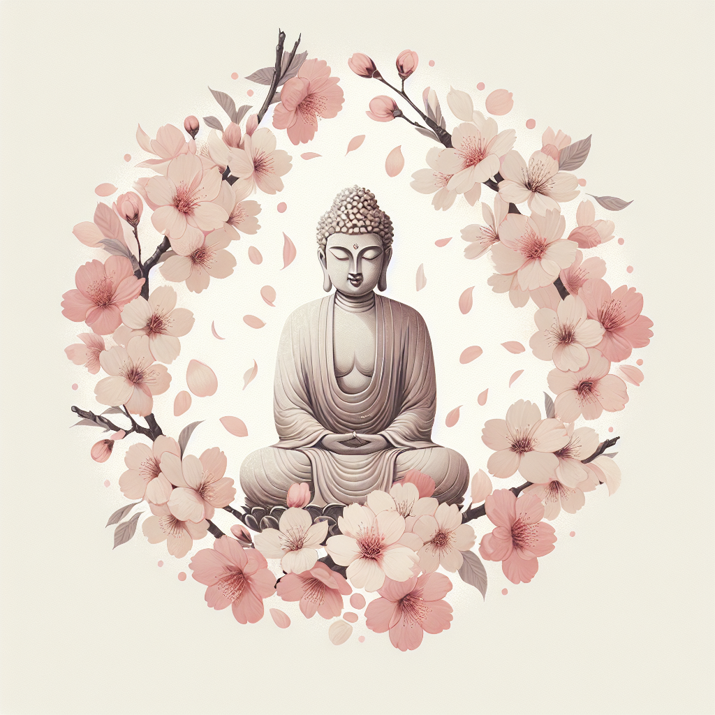A serene image of a Buddha statue surrounded by cherry blossoms in bloom. The petals are caught in mid-fall, representing the transient nature of life.