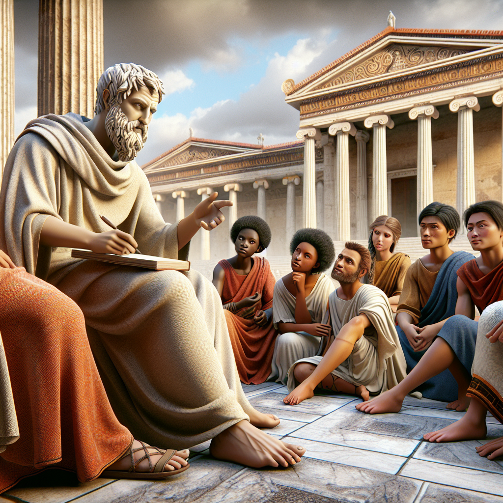 An ancient Greek agora scene with Socrates in the midst of a discussion with pupils, surrounded by architecture that signifies classical Greece, emphasizing the importance of dialogue and questioning.