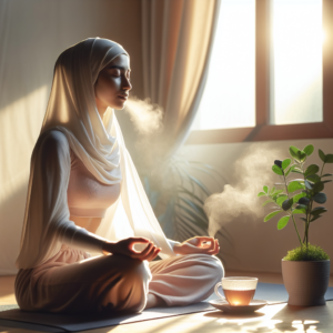 A serene early morning scene with soft sunlight streaming through a window, illuminating a person sitting cross-legged on a yoga mat with eyes closed, deeply engrossed in a breathing exercise. A small plant and a cup of tea sit nearby, adding to the peaceful atmosphere.