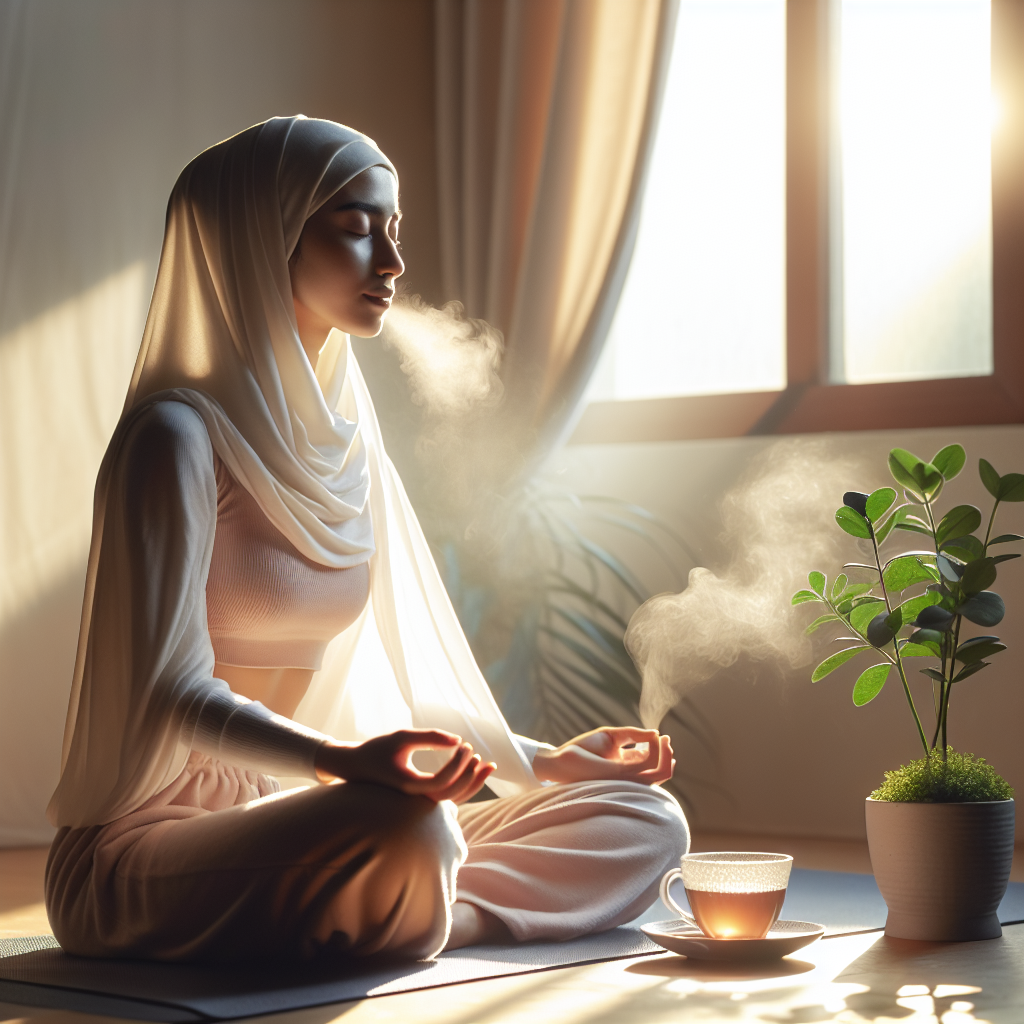 A serene early morning scene with soft sunlight streaming through a window, illuminating a person sitting cross-legged on a yoga mat with eyes closed, deeply engrossed in a breathing exercise. A small plant and a cup of tea sit nearby, adding to the peaceful atmosphere.
