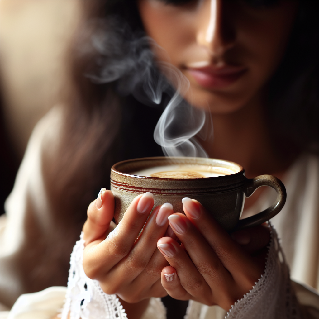 Close-up of a hand holding a steaming cup of coffee or tea with the background blurred. Focus on the fingers gently cradling the cup, steam rising gracefully, and the person's calm reflection on the surface of the drink. The image evokes warmth and mindfulness.