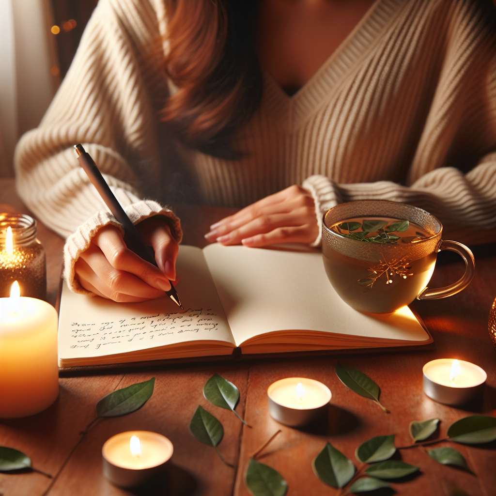 A cozy scene with a person writing in a journal at a well-lit desk. The desk is adorned with soft glowing candles, a few scattered leaves, and a cup of herbal tea. The writing hand holds a pen delicately, and there are visible words of gratitude on the open page.