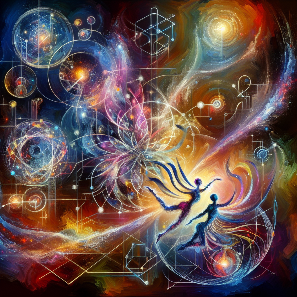 An ethereal digital artwork blending elements of quantum particles and mystical symbols, illustrating the intricate dance between science and spirituality