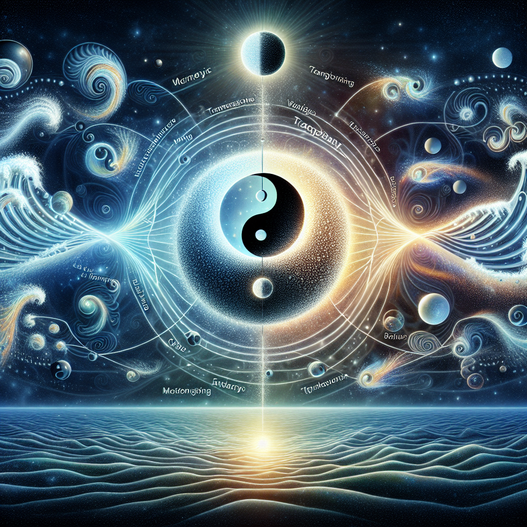 A visual representation of wave-particle duality, showing light waves transforming into particles, juxtaposed with a serene Yin-Yang symbol to highlight the interconnectedness of opposites