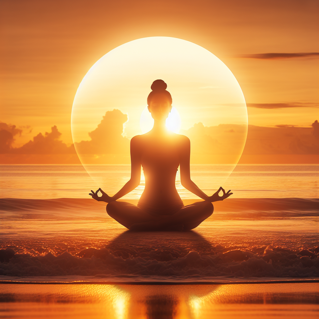 A person meditating at sunrise on a tranquil beach, symbolizing a fresh start and inner peace. The sun is just peeking over the horizon, casting a golden glow on the calm waters.