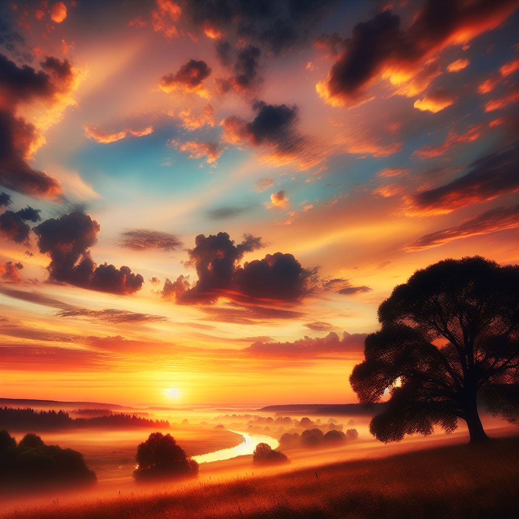 A peaceful sunrise over a serene landscape, symbolizing the start of a new day filled with gratitude and potential for happiness.