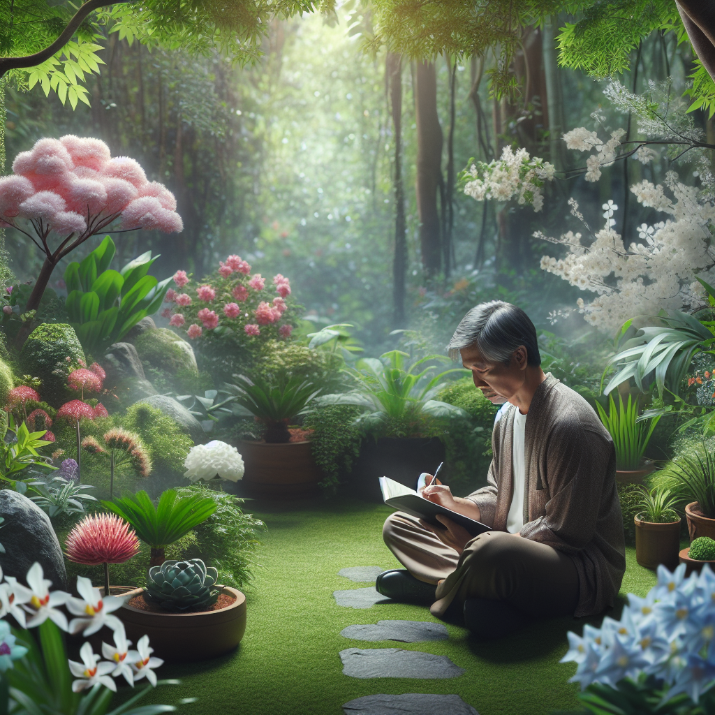 A person sitting in a tranquil garden, writing in a gratitude journal, surrounded by blooming flowers and greenery, representing inner peace and mental clarity.