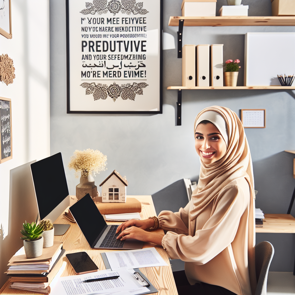An organized and aesthetically pleasing workspace with a person happily working, papers neatly arranged, and a motivational quote on the wall to emphasize productivity and a positive mindset.