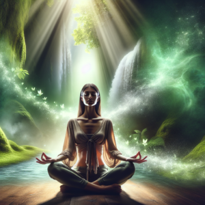 A serene image of a person sitting cross-legged on the floor in a meditative pose, surrounded by a soft, glowing aura, with tranquil nature elements like flowing water and lush greenery in the background.