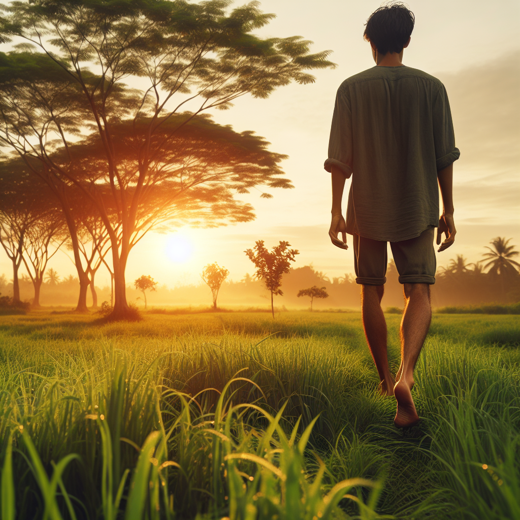 A serene image of a person walking barefoot on a lush, green grass field during sunset. The soft golden light casts a peaceful glow, emphasizing the connection between the feet and the Earth. Surrounding trees add a sense of tranquility, illustrating the concept of earthing.